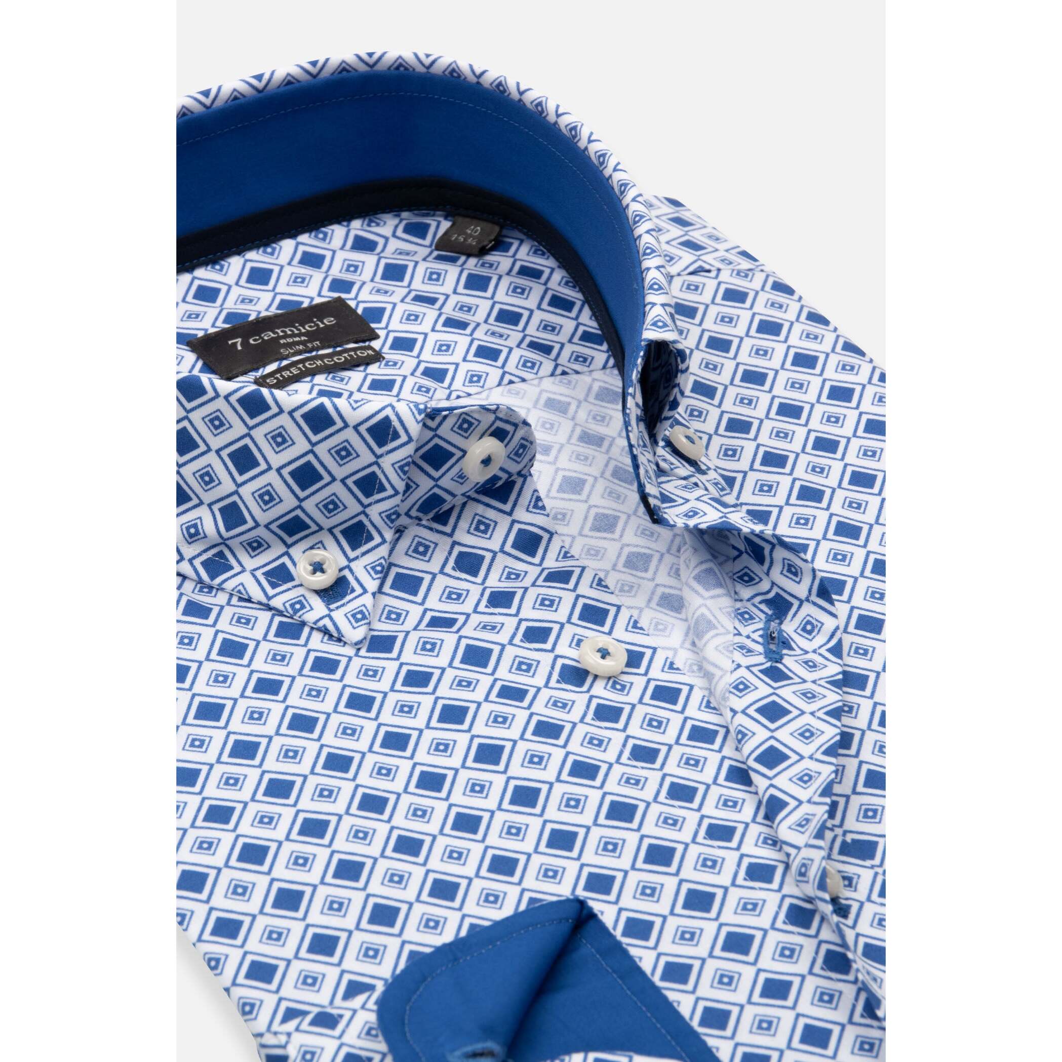 camicia uomo 1 bottone button down slim Popeline Stretch Stampato Bianco/Bluette
