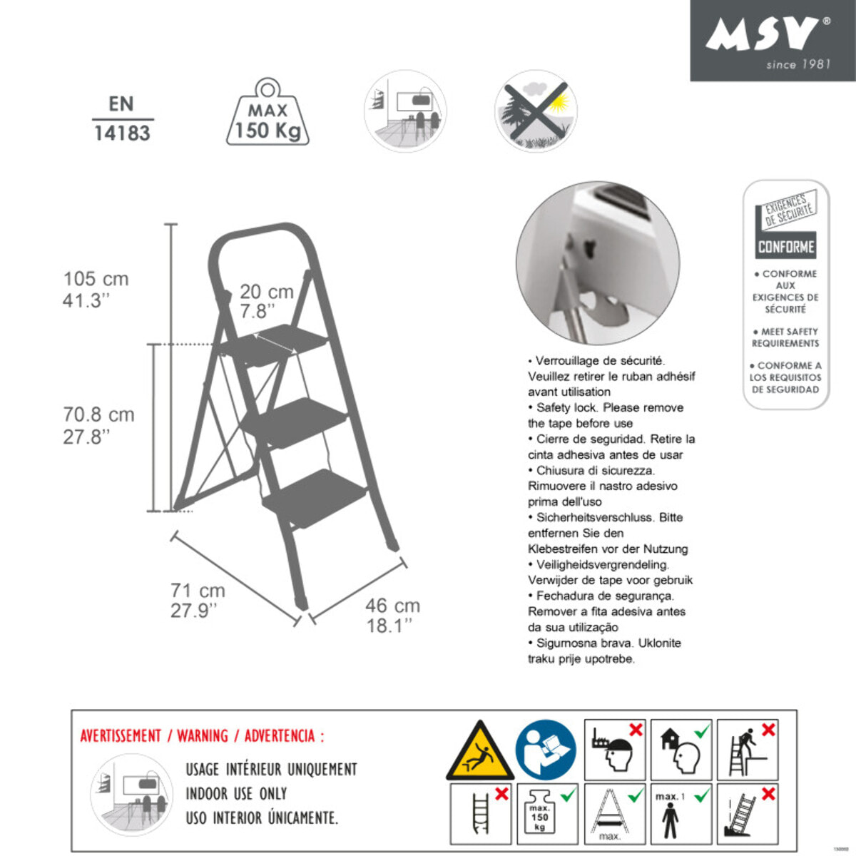 Escabeau 3 Marches pliant en Acier Max 150kg (46x71x105cm) MSV