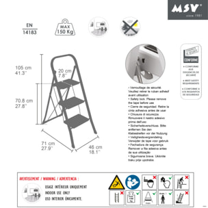 Escabeau 3 Marches pliant en Acier Max 150kg (46x71x105cm) MSV