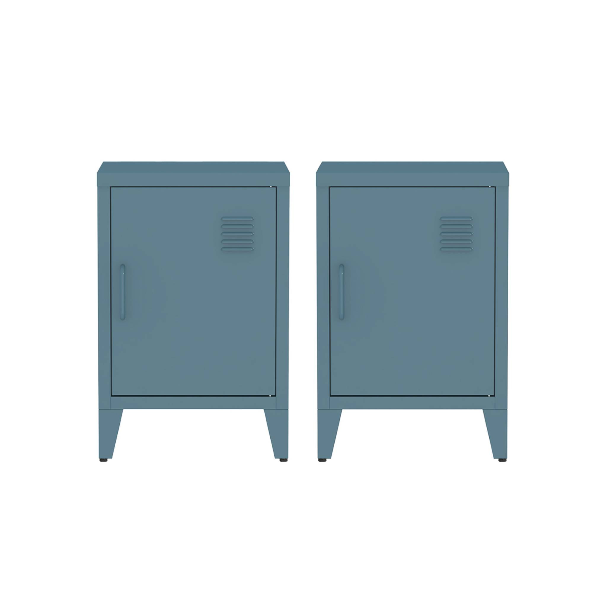 Lot de 2 tables de chevet en acier 1 porte. Bleu pétrole. casier. L 38 x P 38 x H 55.7 cm
