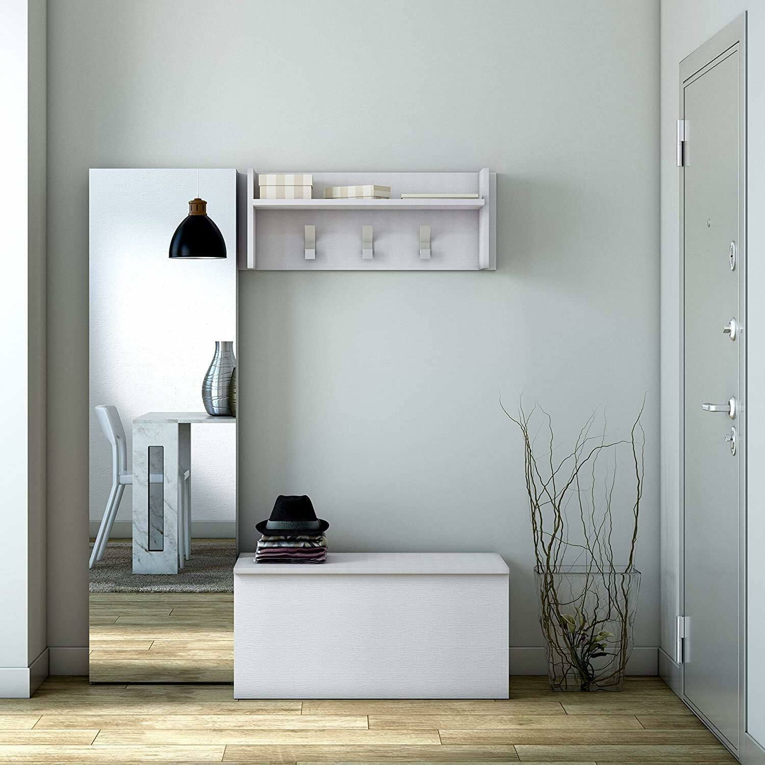 Mobile da ingresso Angry, Mobile appendiabiti con 3 ganci, Mensola portaoggetti da ingresso, 100% Made in Italy, 90x29h34 cm, Bianco