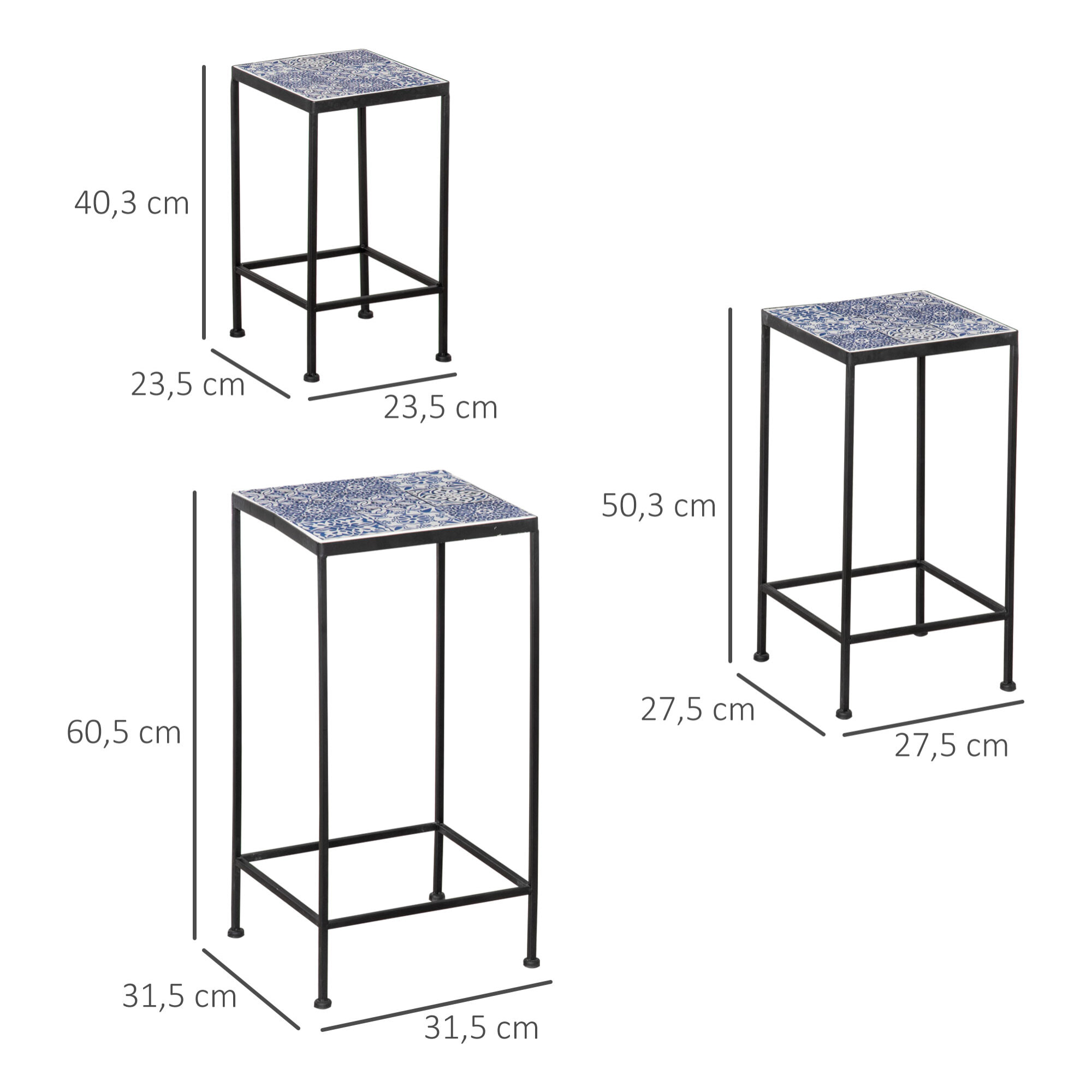 Support pots de fleurs 3 pièces - lot de 3 étagères à fleurs - portes plantes empilables - métal époxy plateaux carreaux céramique bleu