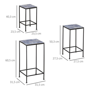 Support pots de fleurs 3 pièces - lot de 3 étagères à fleurs - portes plantes empilables - métal époxy plateaux carreaux céramique bleu