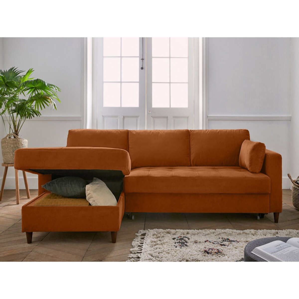 Anna - canapé d'angle gauche - 4 places - convertible avec coffre - en velours - Rouille