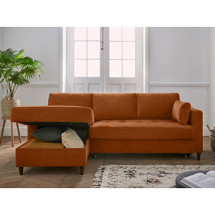 Anna - canapé d'angle gauche - 4 places - convertible avec coffre - en velours - Rouille