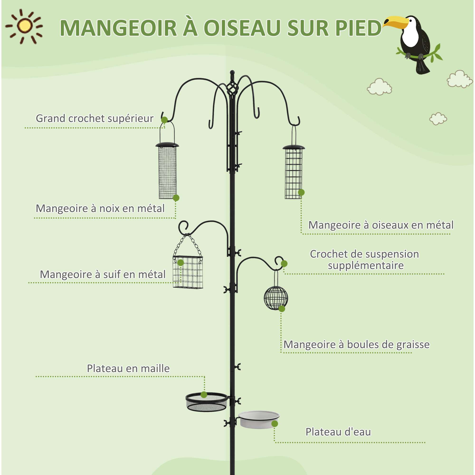 Mangeoire à oiseaux complet H.2,26 m style rustique chic - 6 crochets réglables, 4 mangeoires, plateau d'alimentation, grand bain, 4 piquets d'ancrage au sol - acier époxy aspect fer forgé