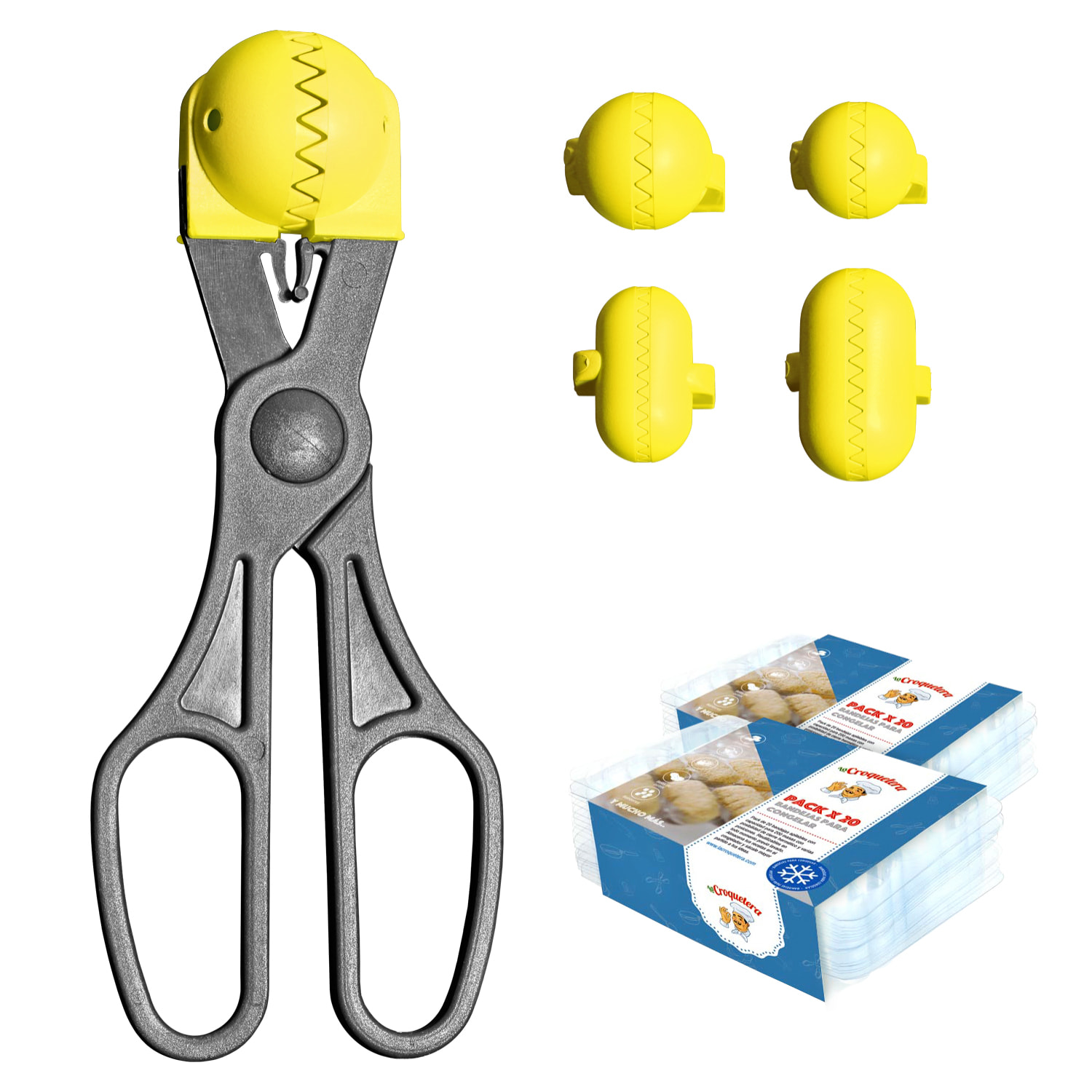 Pack utensilio multiusos con 4 moldes intercambiables color amarillo + 40 bandejas de conservación - La croquetera: patentado y fabricado en España