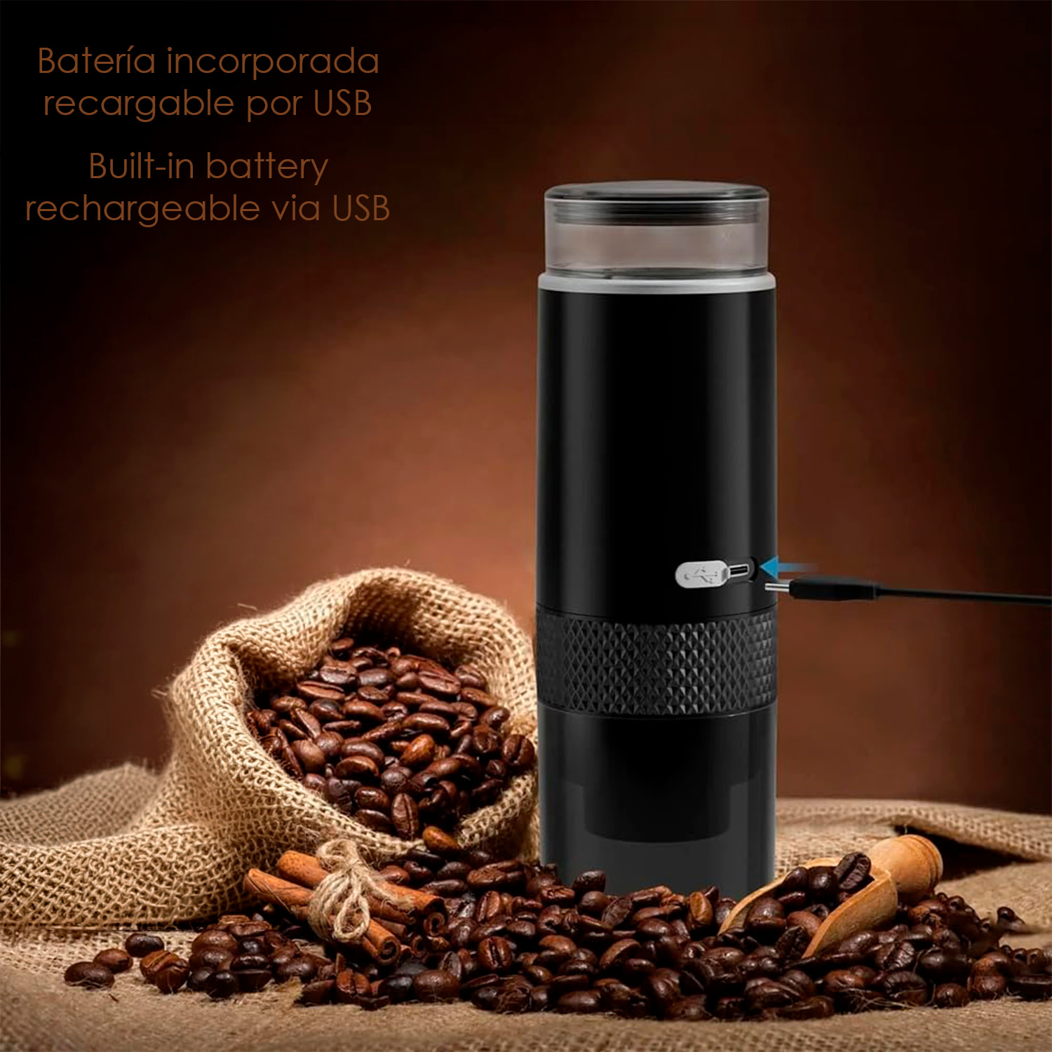 Macchina per caffè a capsule portatile con serbatoio da 170 ml, batteria ricaricabile da 1200 mAh e riscaldatore elettrico.