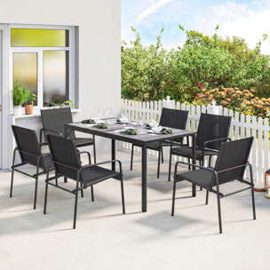 Conjunto de Mesa y Sillas Jardín de 7 Piezas, Muebles de Jardín Exterior con Mesa de Efecto Madera y 6 Sillas con Asiento Transpirable, Marco de Acero Galvanizado, para Terraza, Patio, Negro