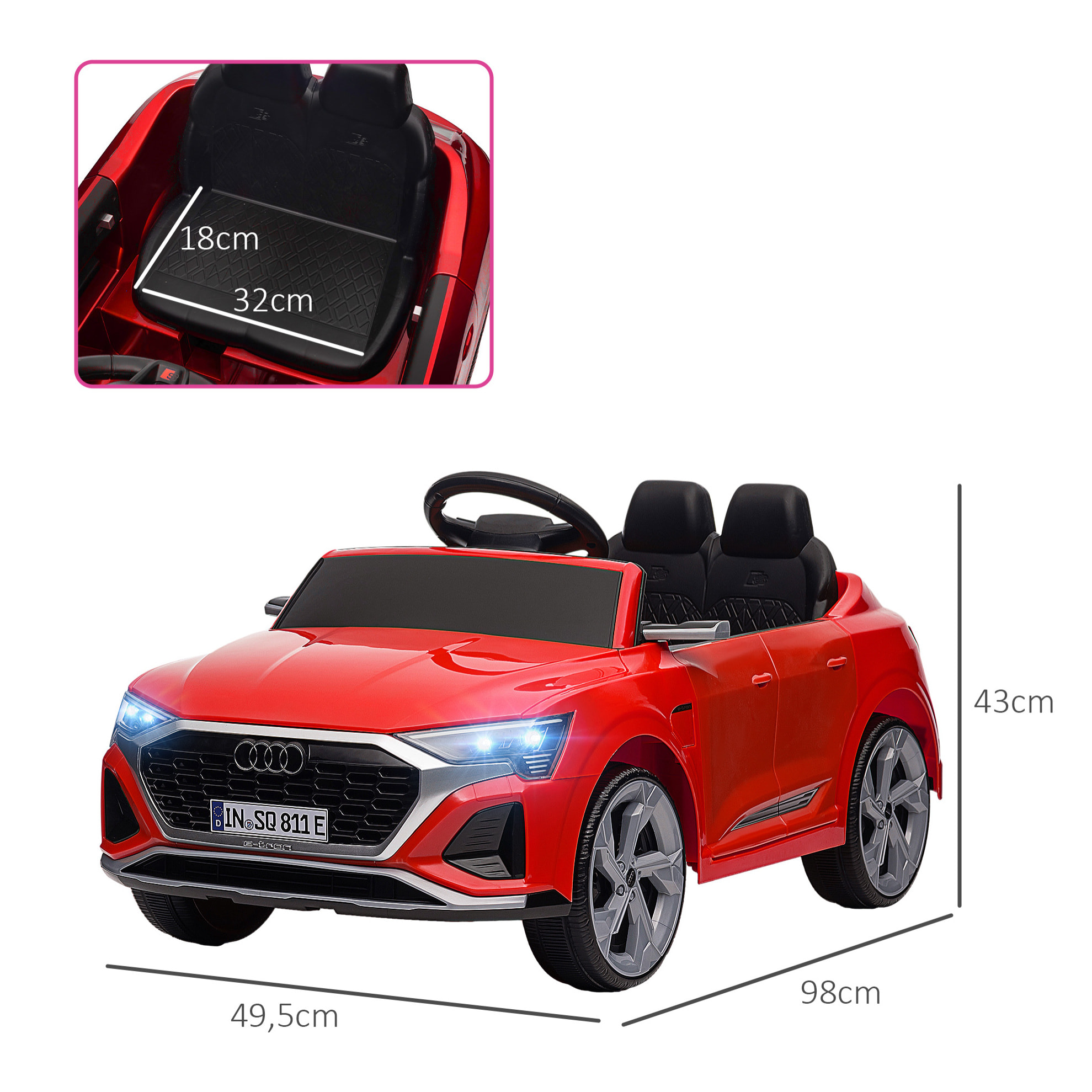 Coche Eléctrico para Niños de +3 Años Audi Q8 etron sportback Carro Eléctrico Infantil con Batería 12V Mando a Distancia Ruedas con Suspensión de Muelles Faros Bocina y Música Rojo