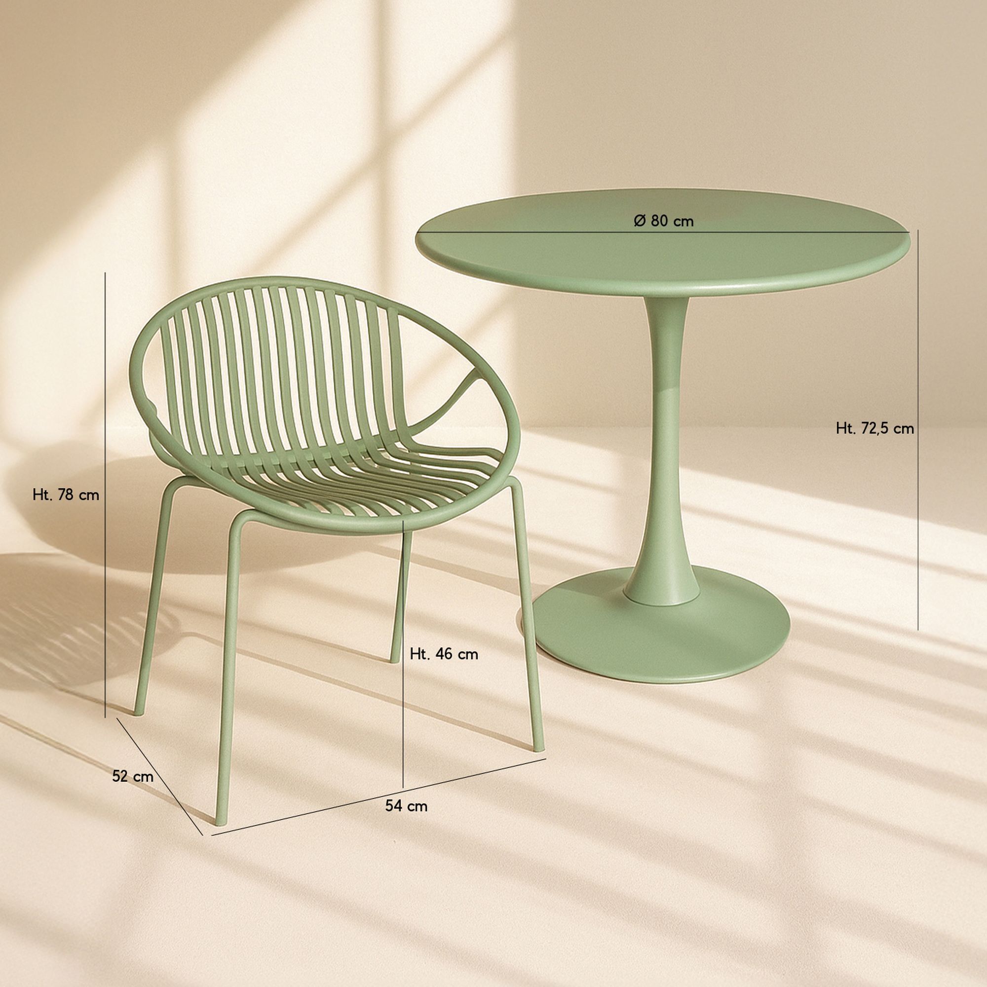 Ensemble de repas table et 4 fauteuils en polypropylène vert CALYPSO