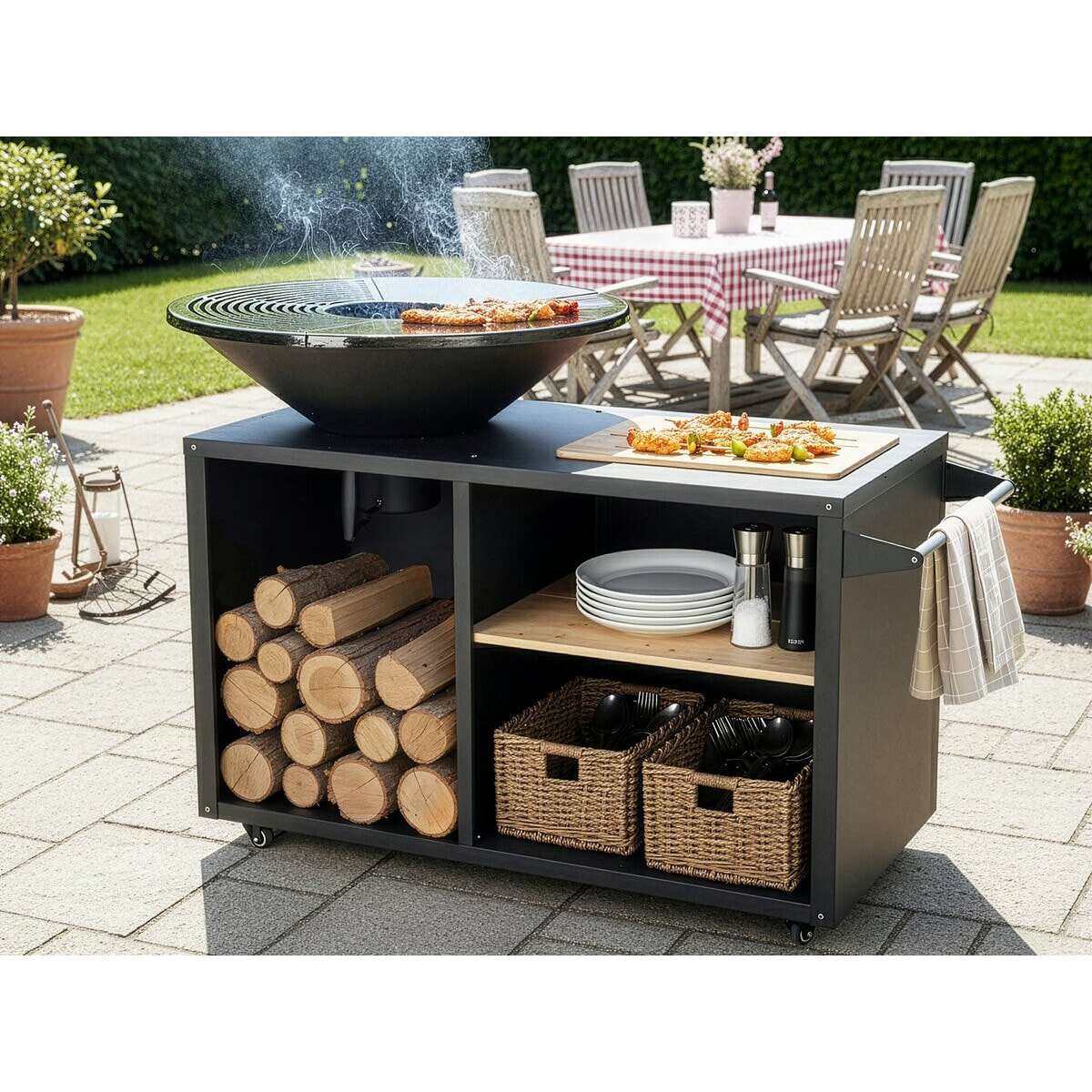 Barbecue plancha brasero à charbon et bois "Maréchal" - Ø 81 cm - Noir