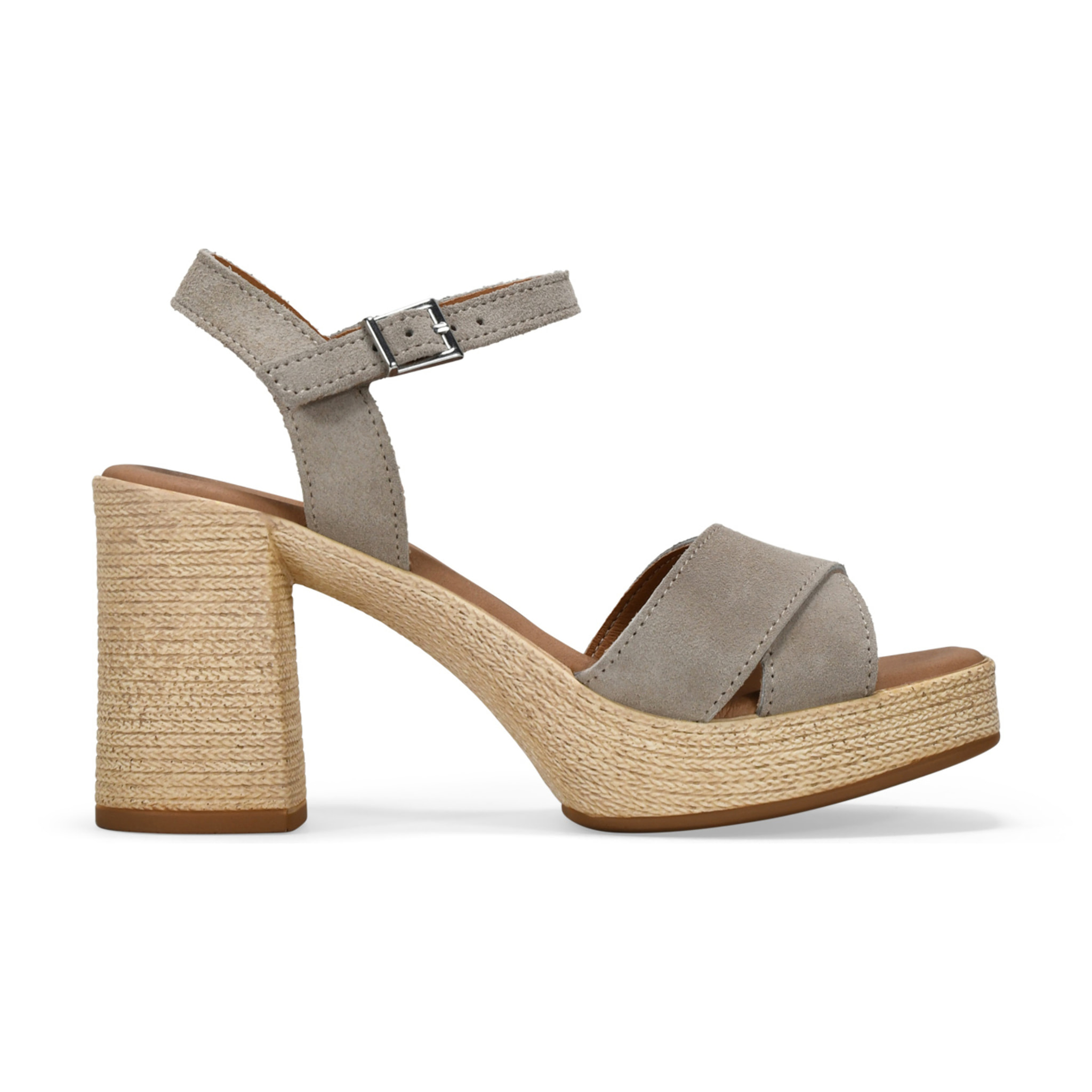 Sandalias taupe en piel con tacón efecto esparto