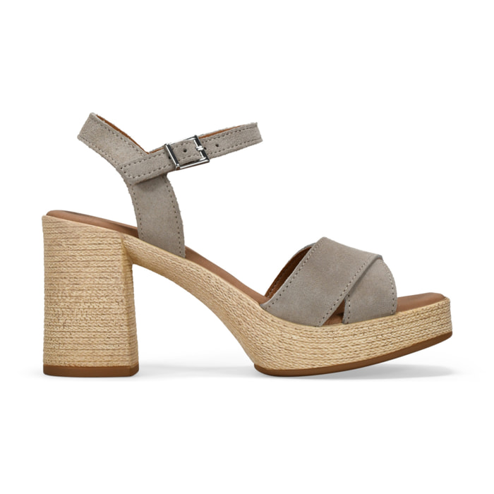 Sandalias taupe en piel con tacón efecto esparto