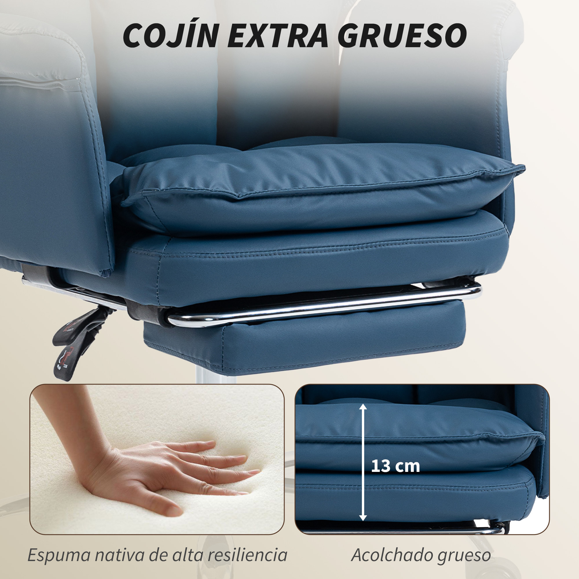 Silla de Escritorio con Reposapiés, Silla de Oficina Giratoria, con Respaldo Reclinable y Alto, Acolchado Grueso, Tapizada en Cuero Sintético, Soporte Lumbar, Altura Ajustable, Ruedas, Azul