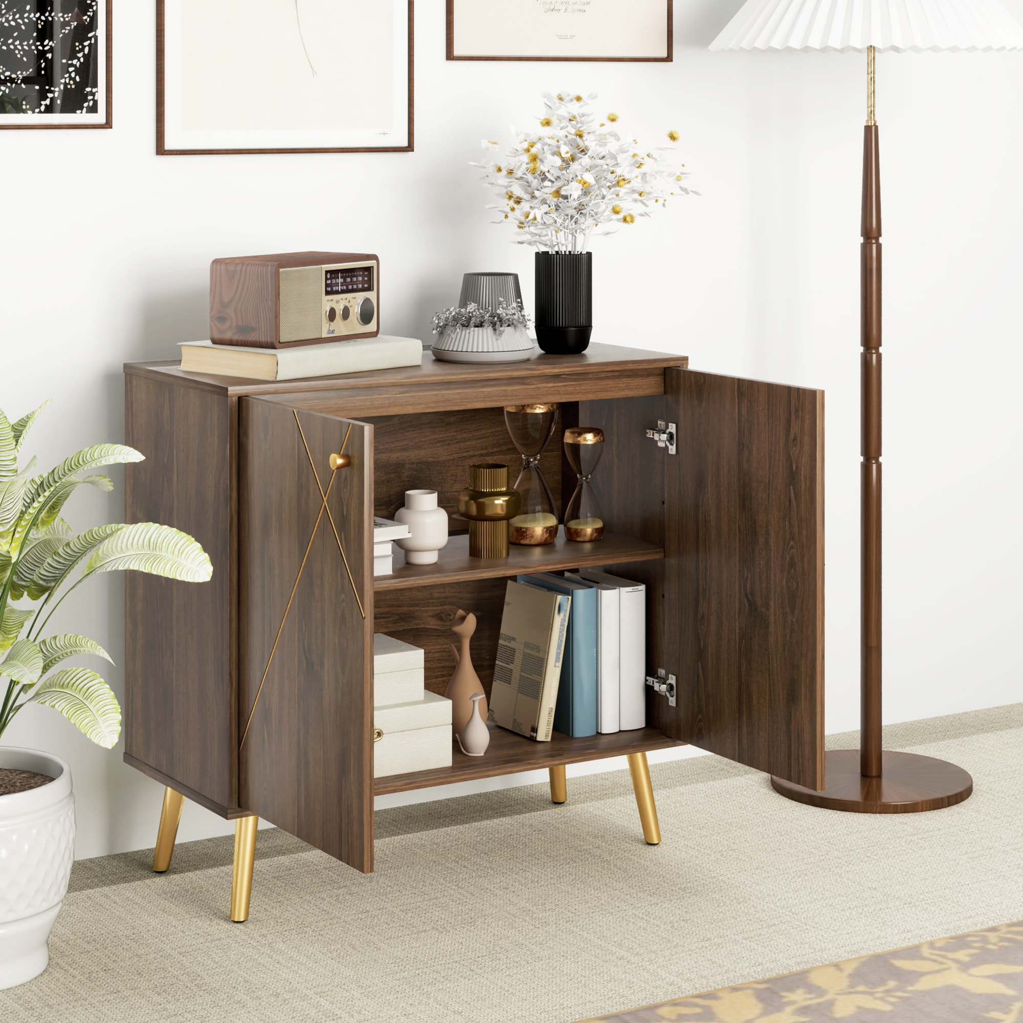 Buffet design - 2 portes, étagère - dim. 80 x 37 x 77 cm - doré effet bois