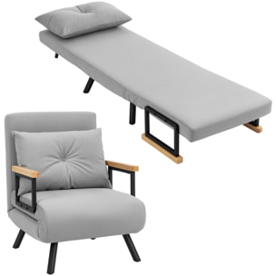 Sofá Cama de 1 Plaza 4 en 1, Sofá Cama Plegable Tapizado en Terciopelo con Respaldo Ajustable de 5 Niveles y Almohada Acolchada, para Oficina, Dormitorio, Salón, 63x73x81 cm, Gris Claro