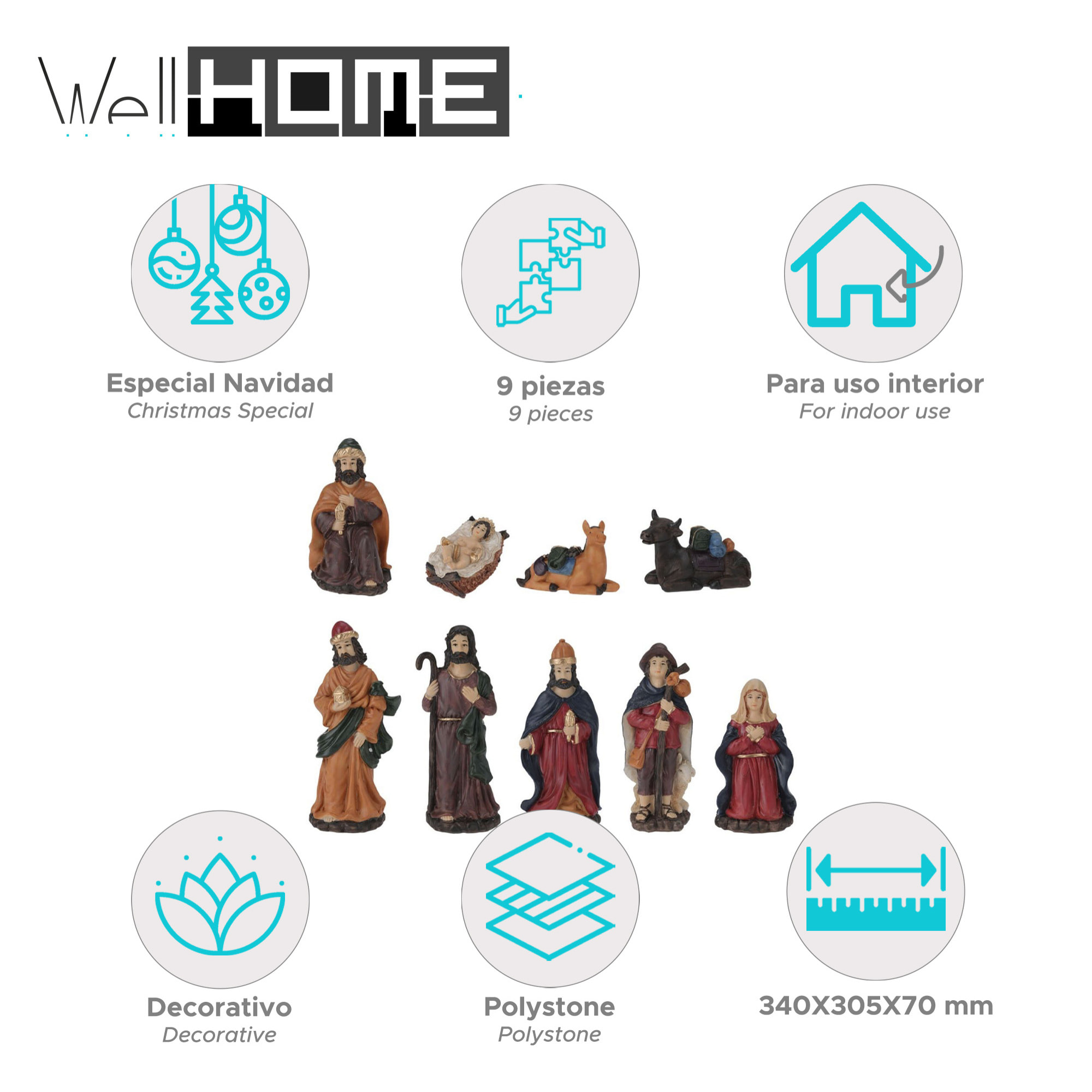 Set de 9 figuritas para belén con medidas variadas