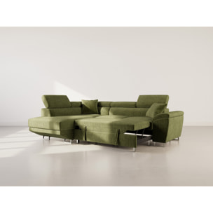 Baoji - Canapé d'angle gauche 5 places convertible avec têtières et coffre en velours côtelé - Vert