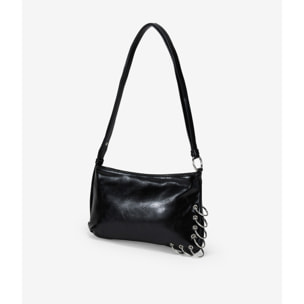 Bolso de hombro negro pequeño con anillas metálicas