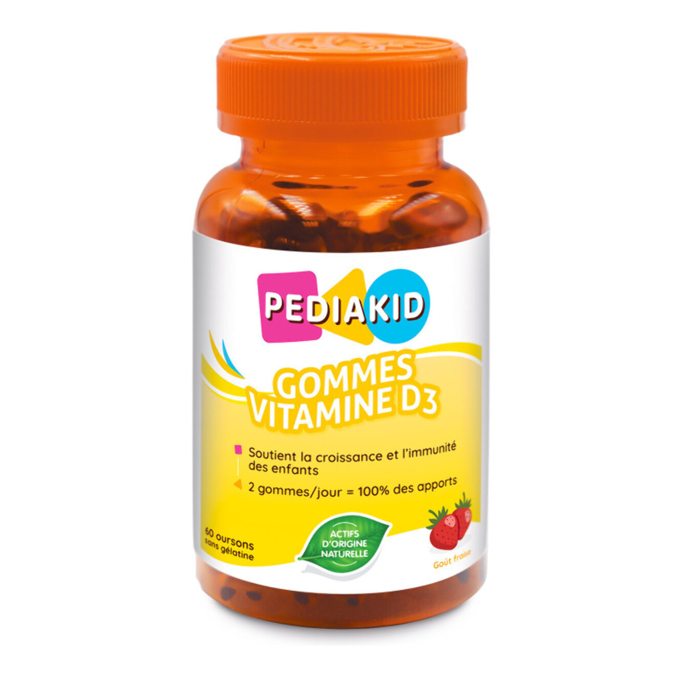 PEDIAKID - Gommes Vitamine D3 - Renforcement des défenses naturelles - Dès 3 ans - Couvre 100% des apports journaliers recommandés - 60 gommes