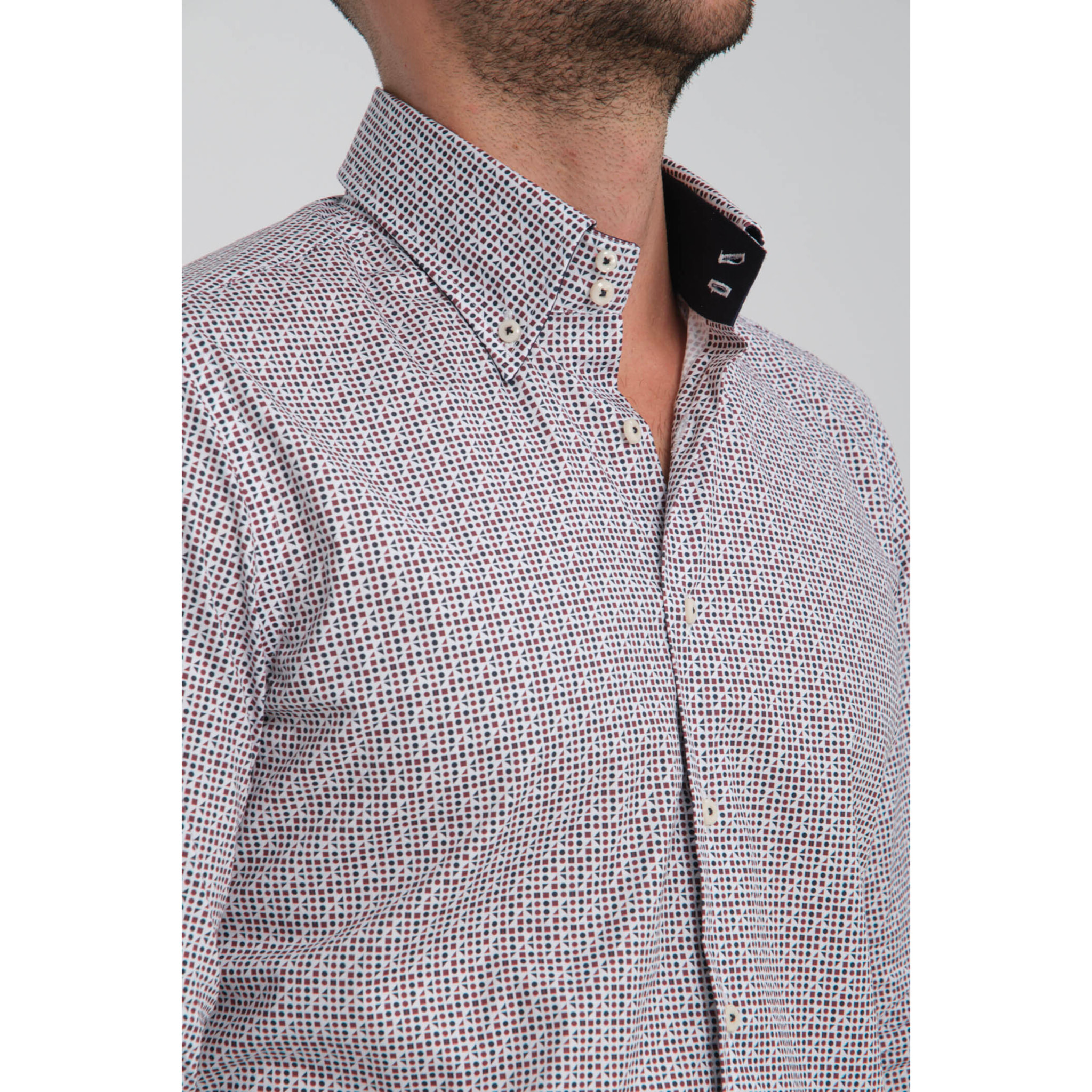 Camicia Uomo 2 Bottoni Button Down Slim Popeline Stretch Stampato Bordeaux/Blu