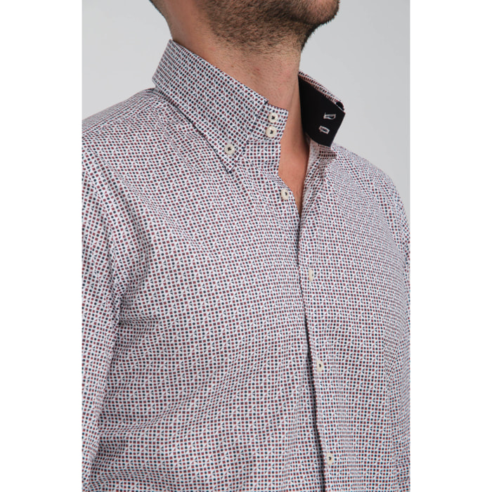 Camicia Uomo 2 Bottoni Button Down Slim Popeline Stretch Stampato Bordeaux/Blu