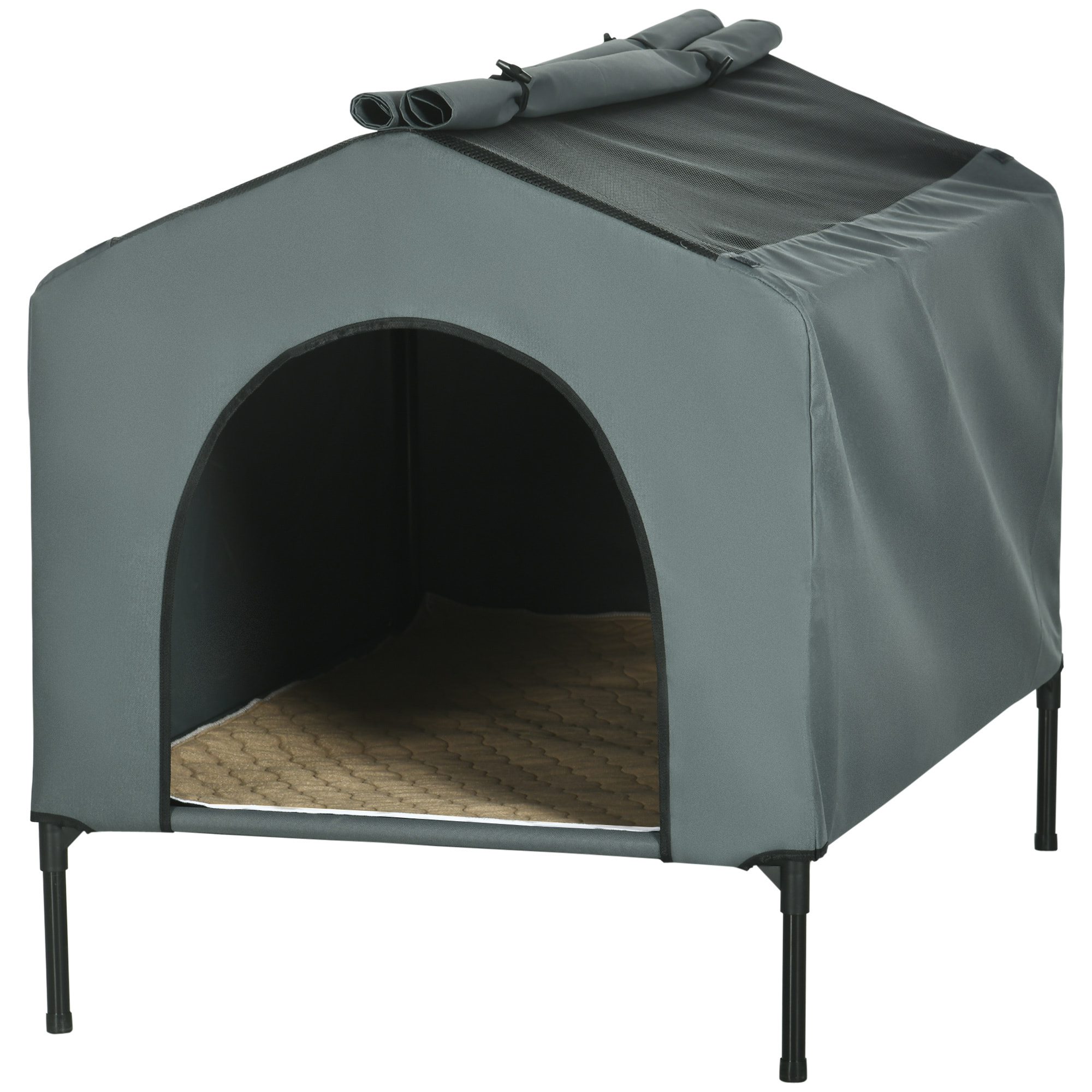 Caseta para Perros con Cubierta Exterior 110x75x87 cm Cama Elevada para Mascotas con Cojín y Ventanas de Malla Enrollable para Perros Grandes Gris