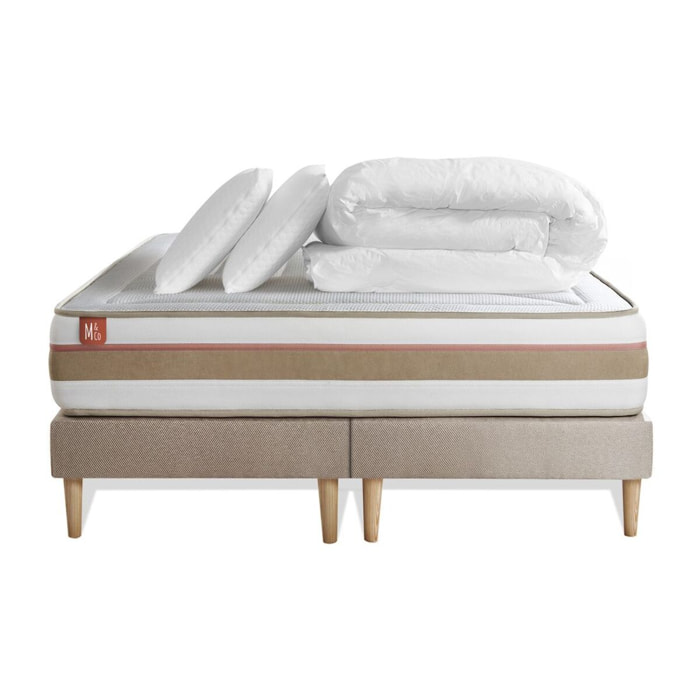 Pack Matelas Le Tendre - 28cm - Ressorts ensachés et mémoire de forme - Enveloppant - Sommier Tapissier Beige - Avec couette et oreillers