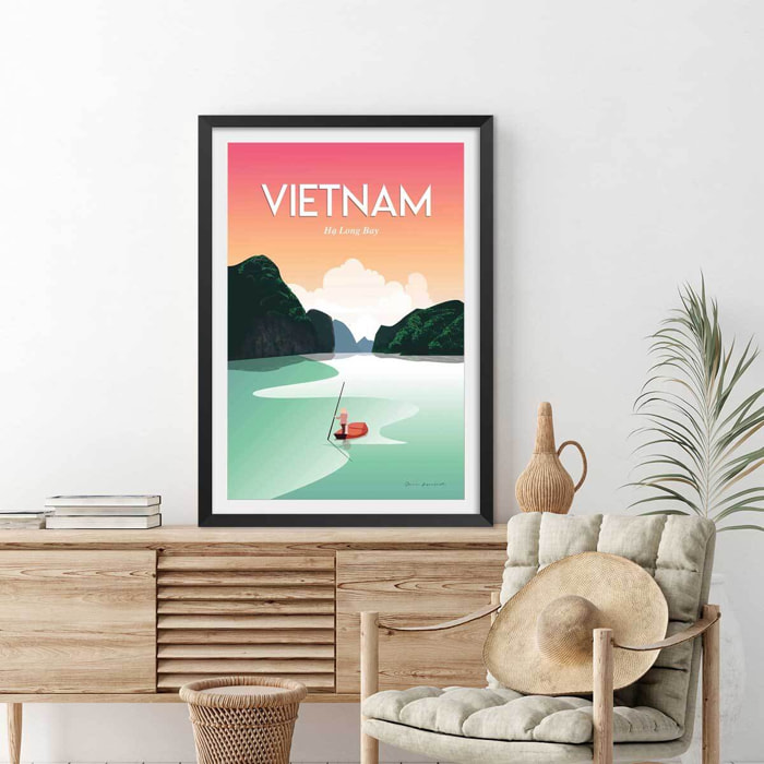 Affiche voyage Vietnam Baie Halong Affiche + cadre en bois - Noir
