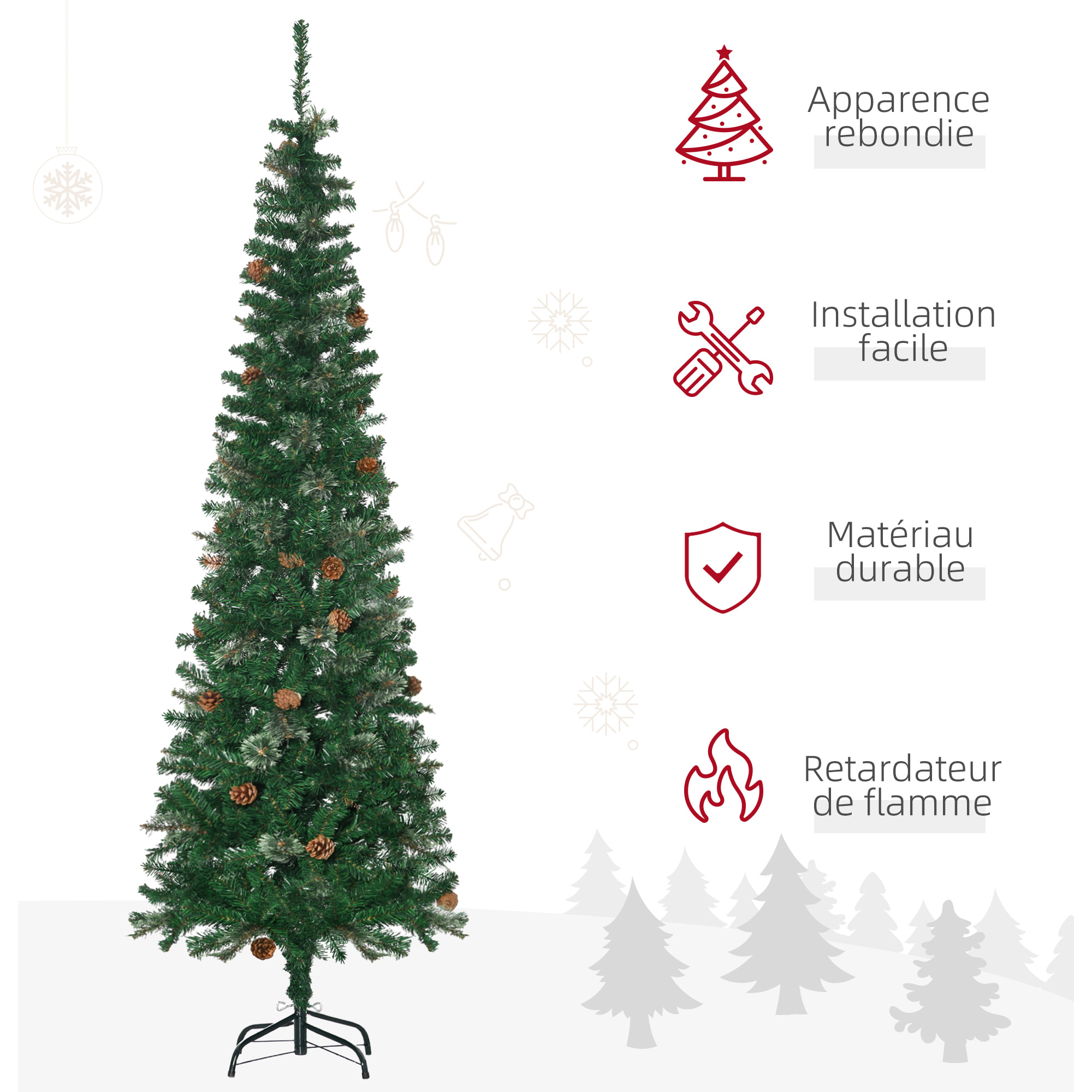 Sapin de Noël artificiel Ø 54 x 195H cm - 556 branches épines grand réalisme - 42 pommes de pin - métal PVC vert