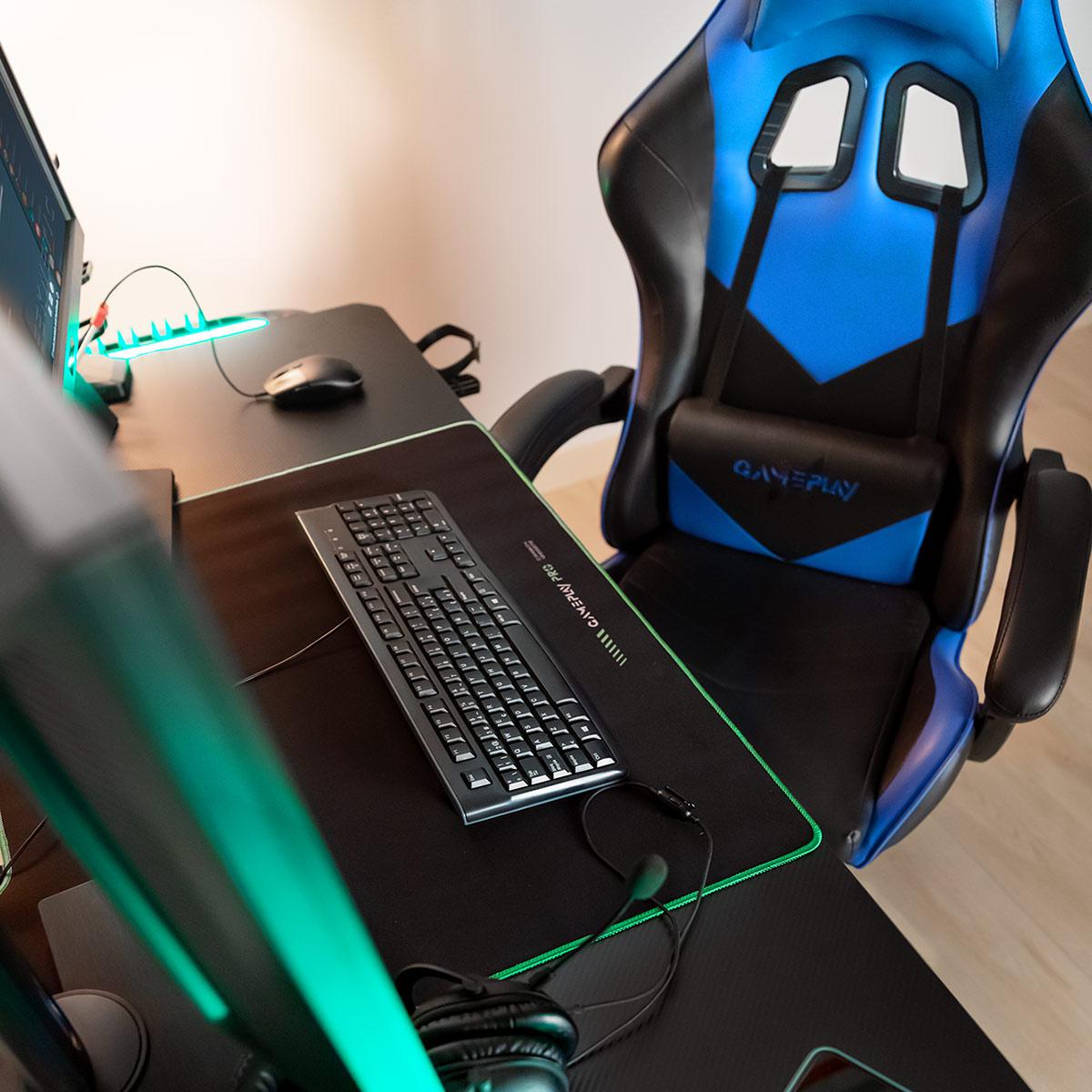 Silla de oficina gaming con reposapiés y reposabrazos acolchados, azul