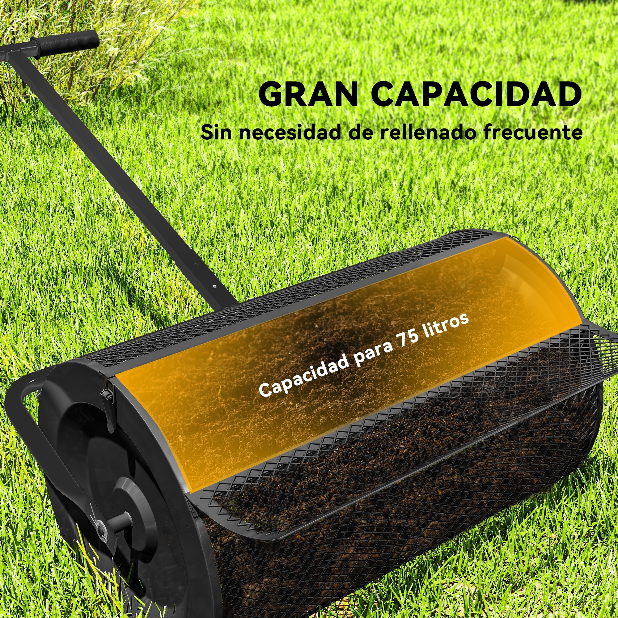 Esparcidor de Compost 300L 70x40x112 cm Esparcidor de Abono para Césped con Asa Ajustable Cesto de Malla Metálica para Cuidado de Césped Jardín Negro
