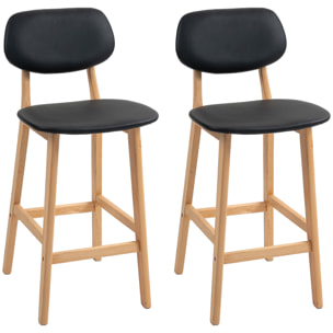 Lot de 2 tabourets de bar style néo-rétro structure piètement bois assise dossier PU noir