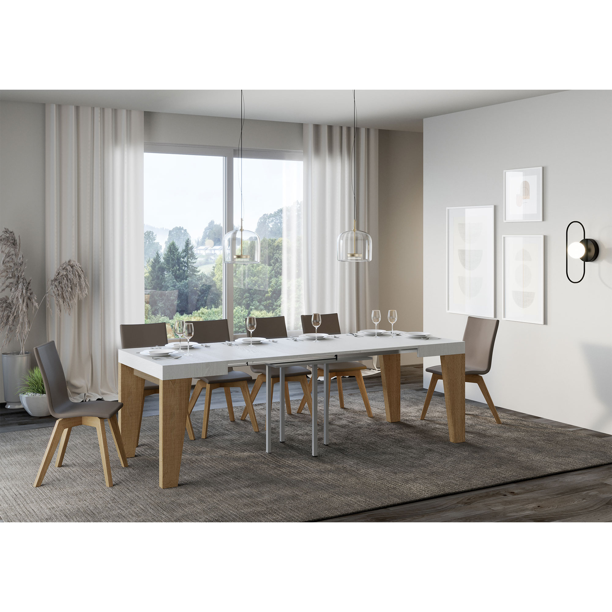 Table Naxy Mix Extensible dessus Frêne Blanc structure Chêne Nature 90x90 Allongée 246