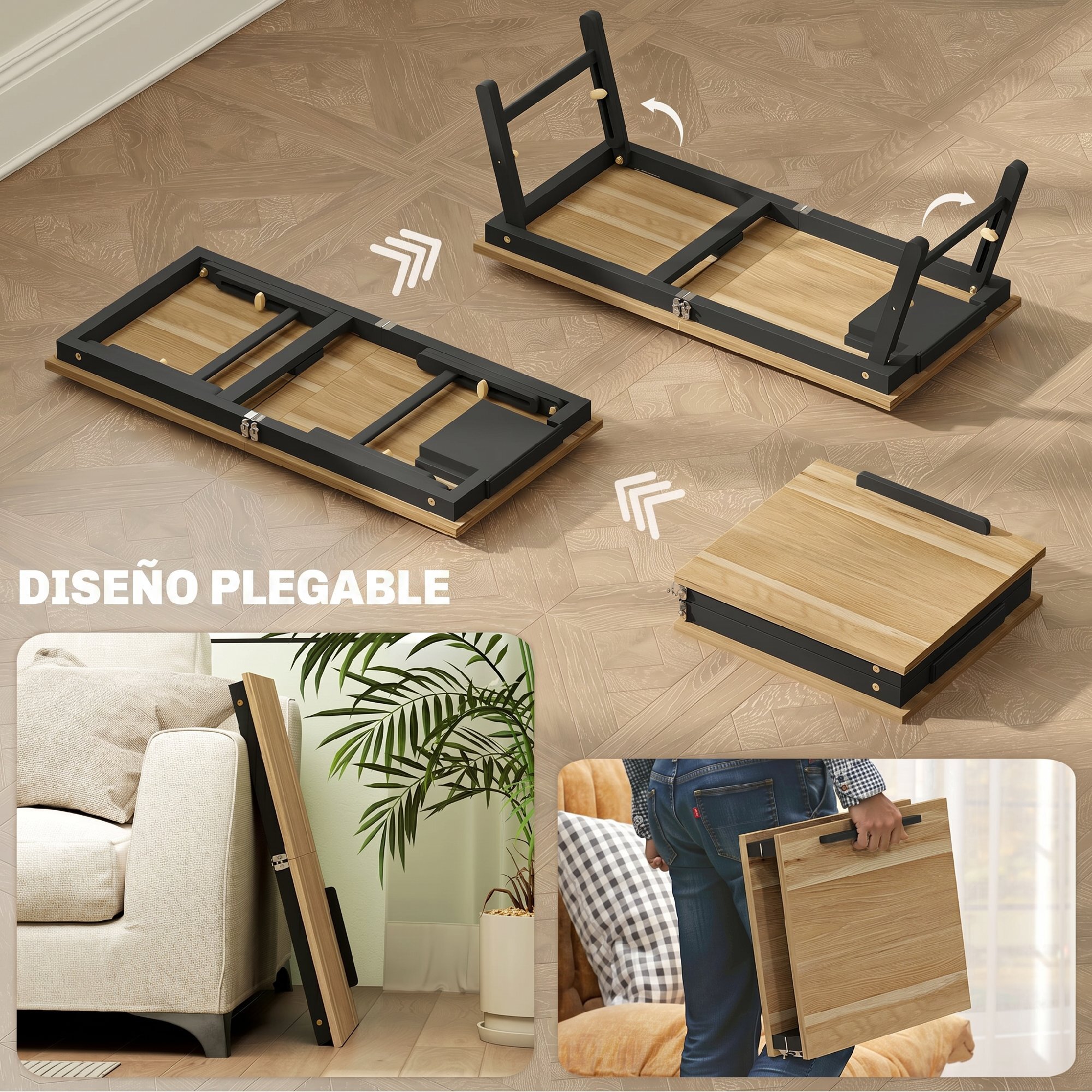 Mesa Reclinable para Cama y Sofá, Bandeja Plegable con Cajón Lateral, para Ordenador Portátil y Libros, con Cinco Alturas, Patas Ajustables, Mesita Auxiliar de Bambú y MDF, 83,5x33x34 cm, Roble