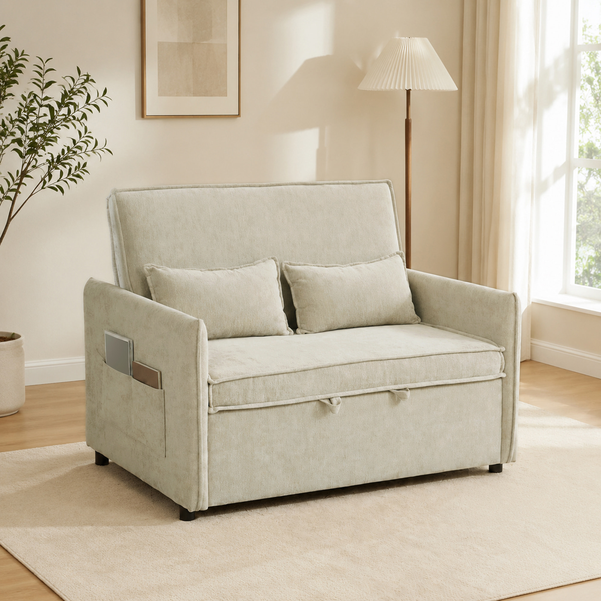 Canapé convertible 2 places dossier inclinable 5 niv. tissu chenille beige