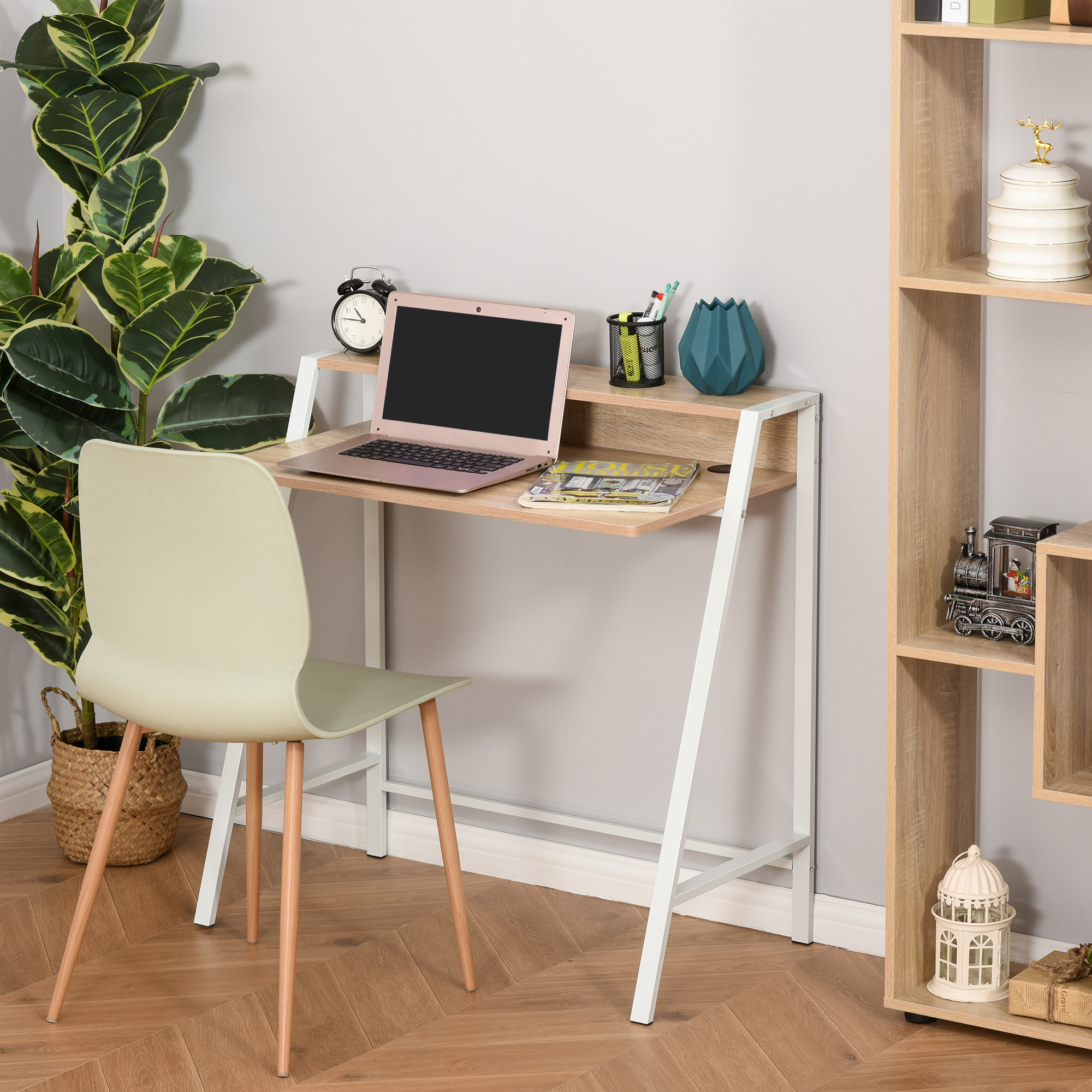 Bureau secrétaire bureau informatique dim. 84L x 45l x 85H cm style néo-rétro étagère coloris chêne clair blanc