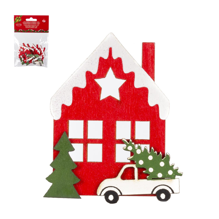 Pack de 4 casitas de madera navideñas adhesivas.