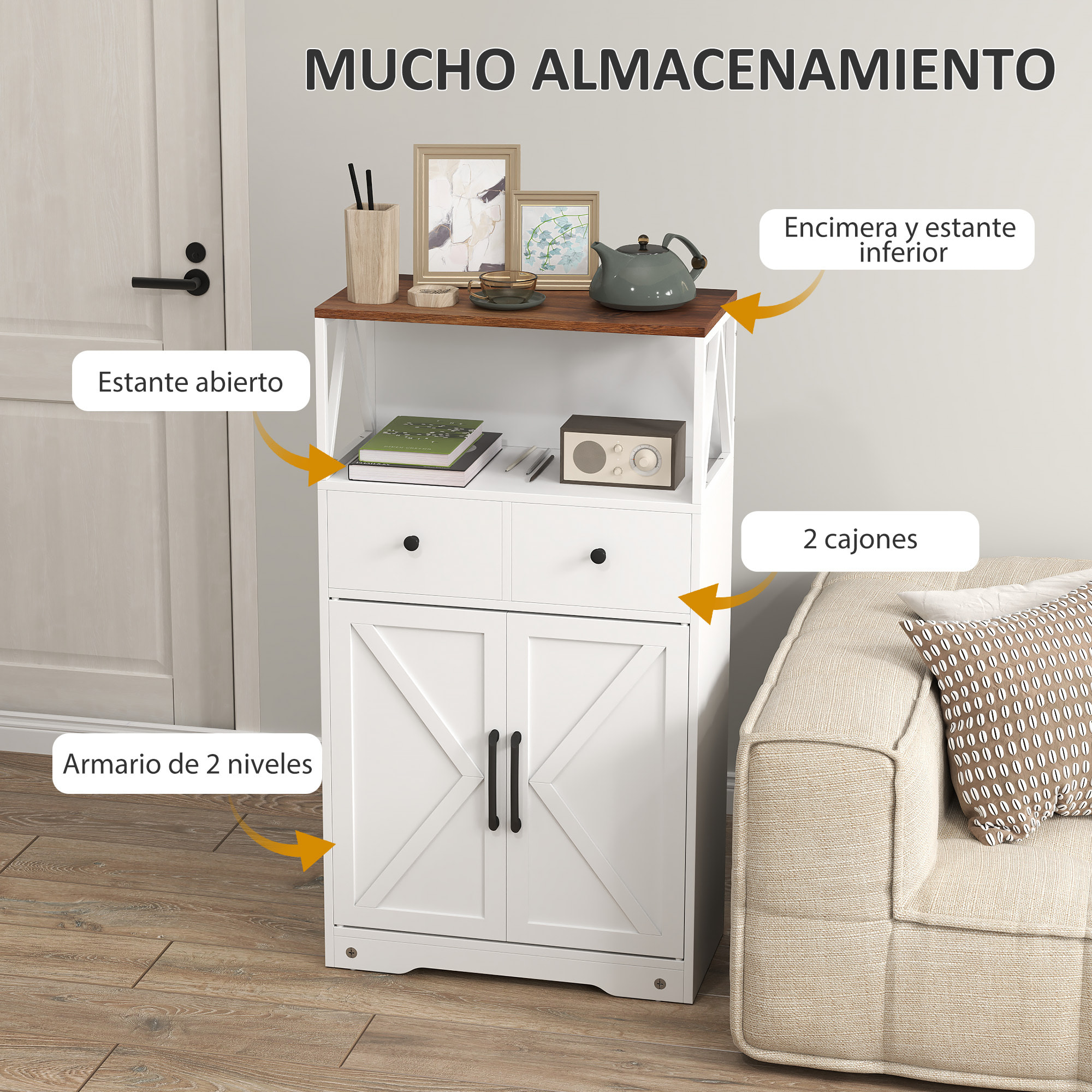 Aparador de Salón Armario Multiusos con Estantes Cajones Puertas Granero Aparador para Cocina Dormitorio 60x31x108 cm Blanco