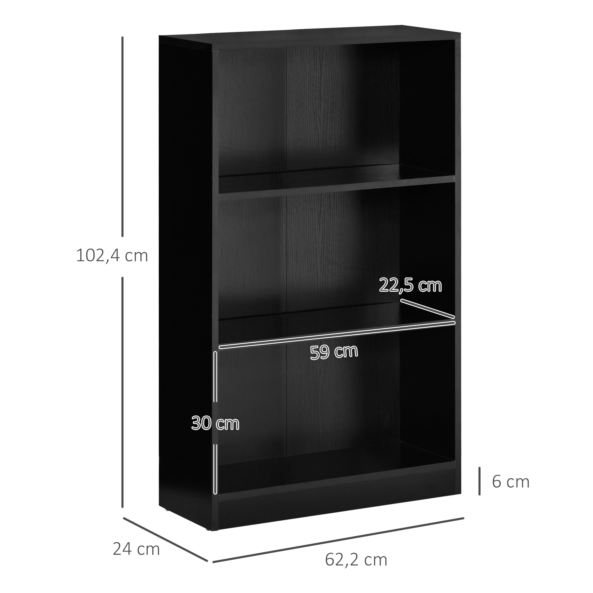 HOMCOM Estantería Librería con 3 Compartimentos de Almacenaje Libros CDs Plantas para Salón Estudio Dormitorio 62,2x24x102,4 cm Negro