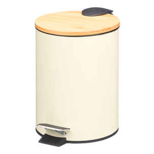 Papelera beige de metal con tapa de bambú y pedal de apertura. 3L.