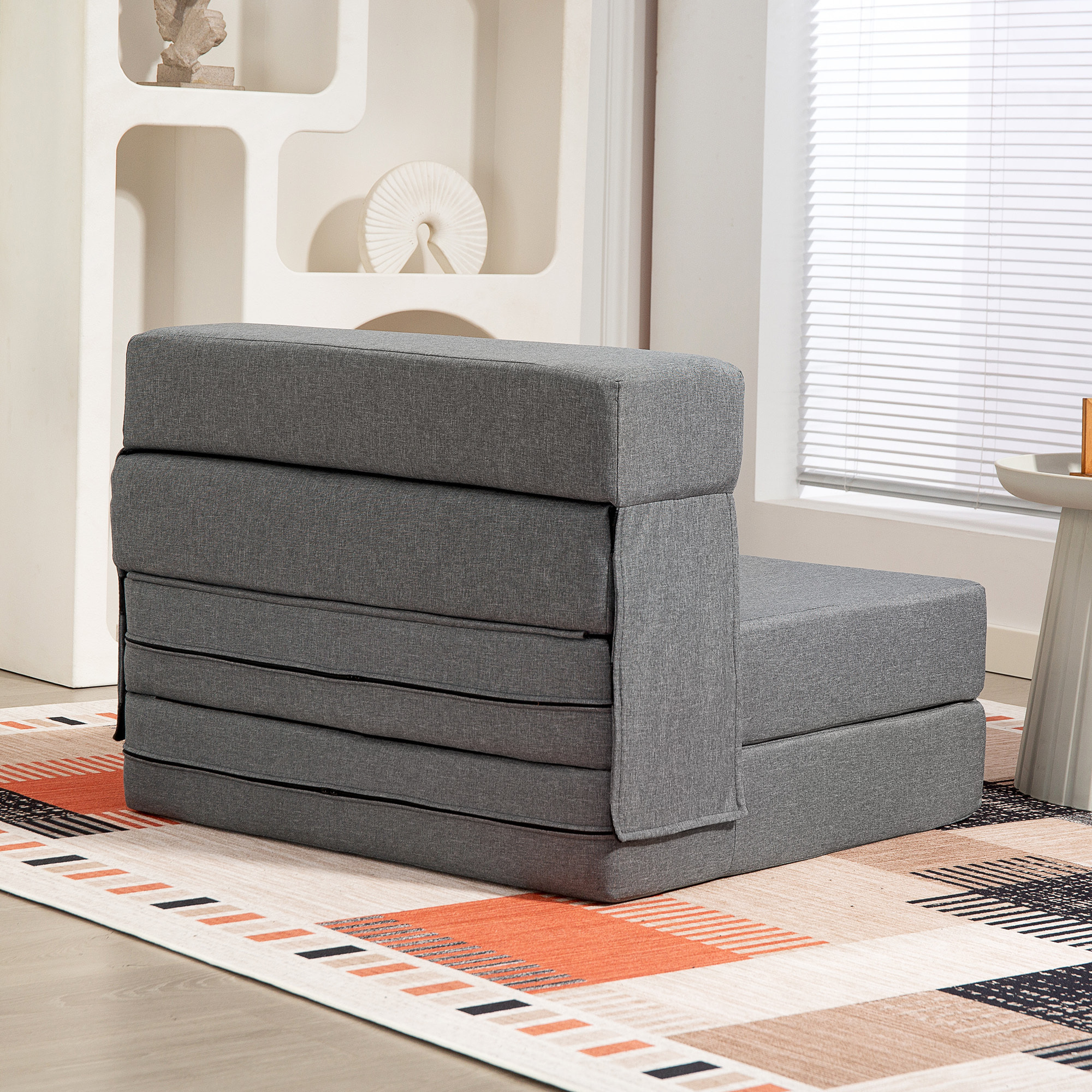 Chauffeuse futon grand confort avec coussin tissu toucher lin gris