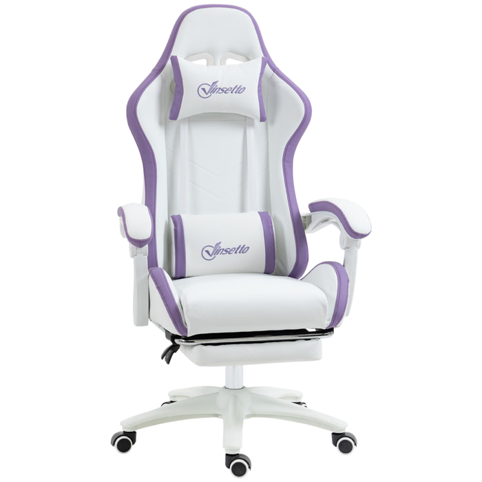 Silla Gaming Ergonómica, Silla Gamer de Cuero PU con Reclinable 135°, Soporte Lumbar, Altura Ajustable, Reposacabezas y Reposapiés Retráctil, para Oficina, Estudio, Blanco y Violeta