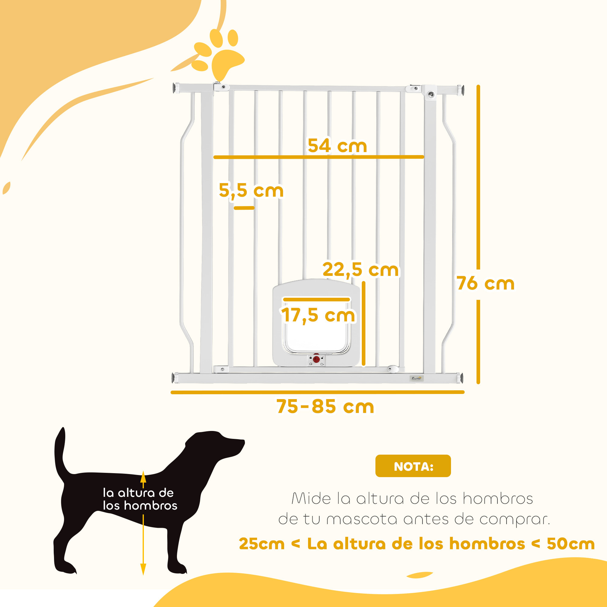 Barrera de Seguridad para Perros Extensible 75-85 cm, para Puertas y Escaleras, Barrera para Perros con Puerta Pequeña, Montaje a Presión, Doble Bloqueo, Blanco