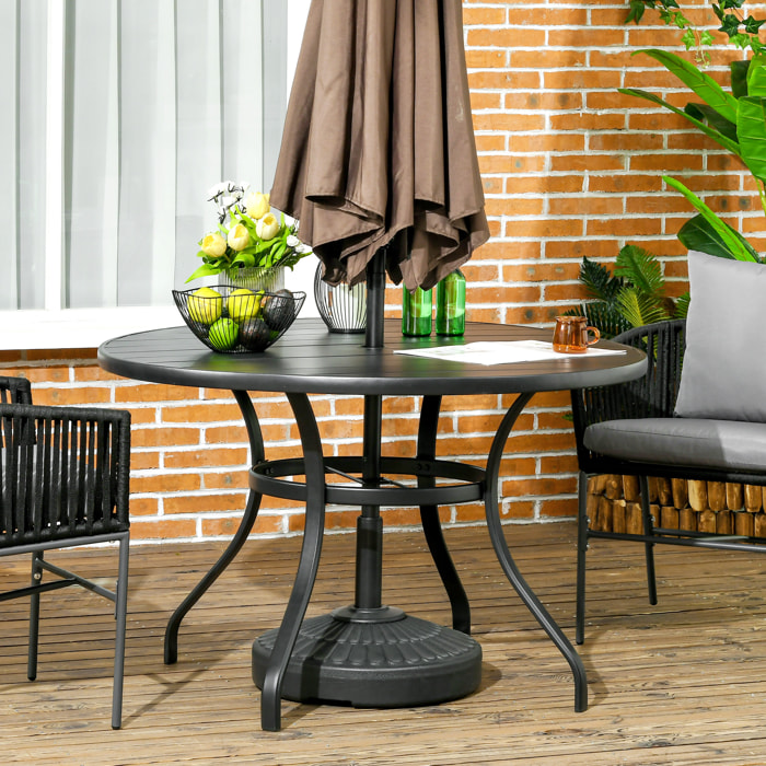 Mesa Jardín Exterior Redonda de Acero Ø115x72 cm Mesa Terraza Exterior con Tablero de listones Agujero para Sombrilla Estable Resistente a la Intemperie Fácil de Montar Negro