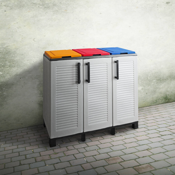 Armadio portarifiuti da esterno o interno, Mobile porta 3 sacchi a 3 ante, 100% Made in Italy, cm 102x37h90, colore Grigio chiaro e coperchi colorati