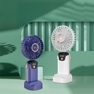 Mini ventilatore portatile con aromaterapia, schermo LED, 5 velocità, rotazione con angolo regolabile di 90° e batteria ricaricabile.