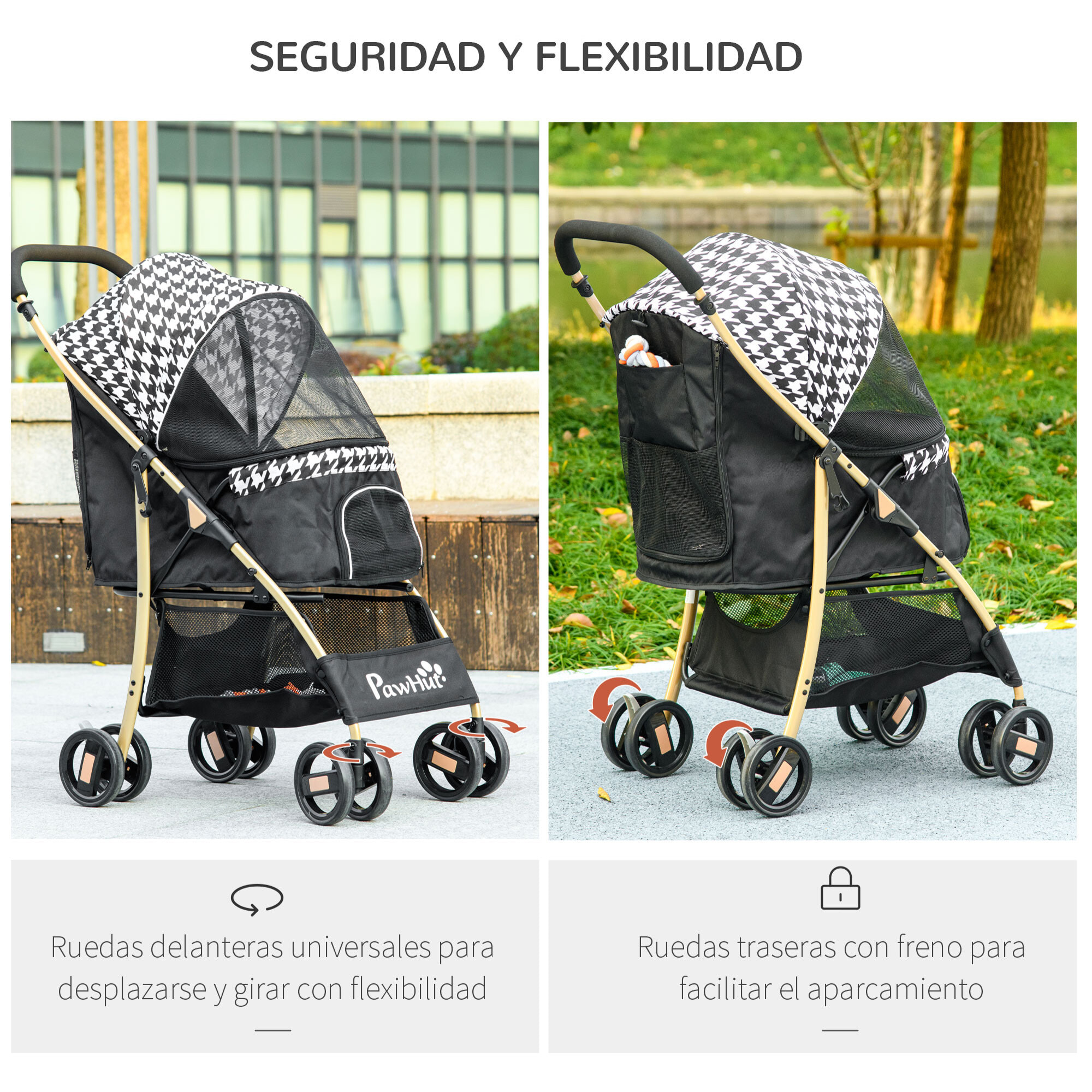 Cochecito para Perros Plegable Carrito para Mascotas con 2 Puertas Ventana de Malla Cesta de Almacenamiento Cuerda de Seguridad y Cojín 80x44,5x97 cm Negro