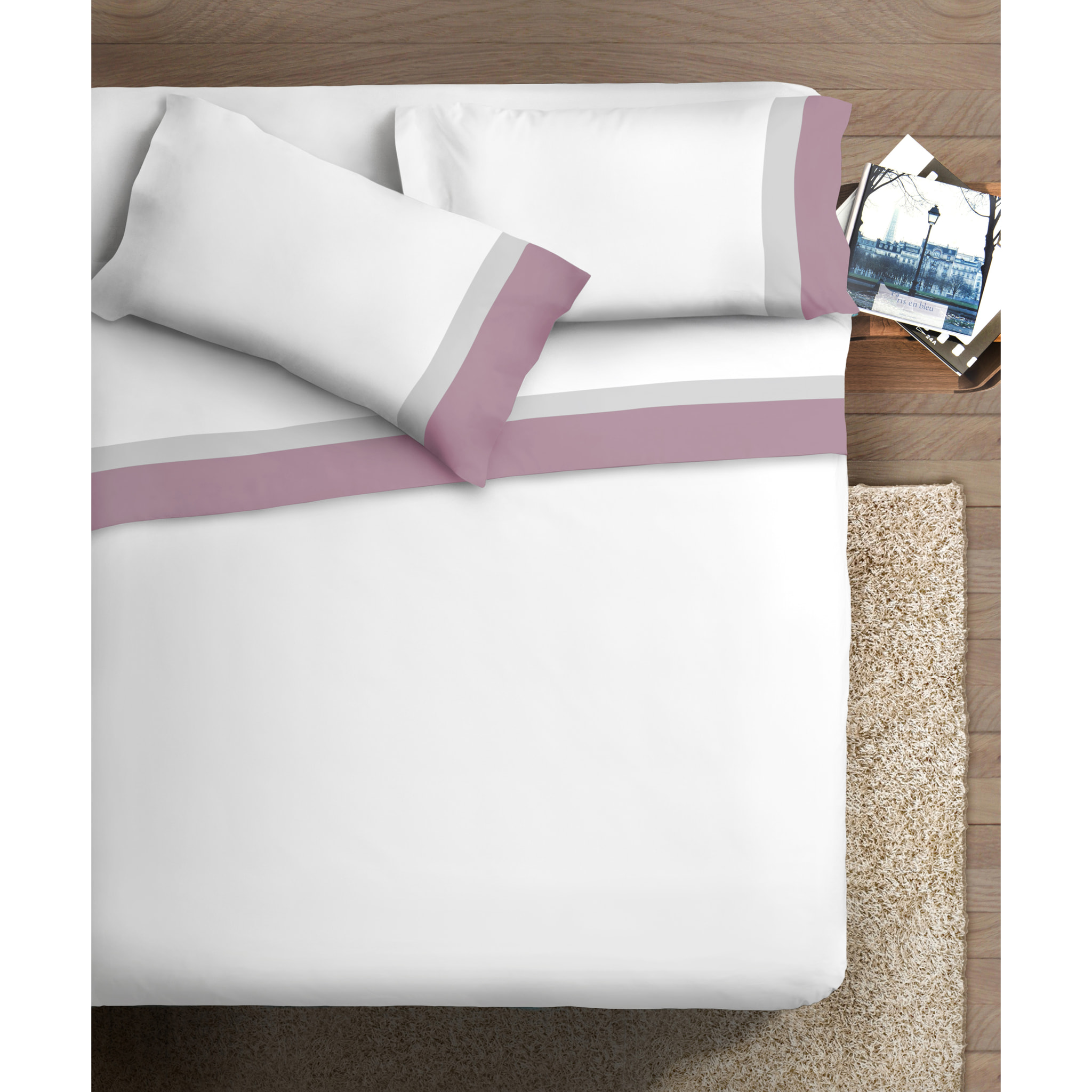 Completo letto doppia balza RASO IPERSAN Puro Cotone Malva/Grigio CH fondo Bianco